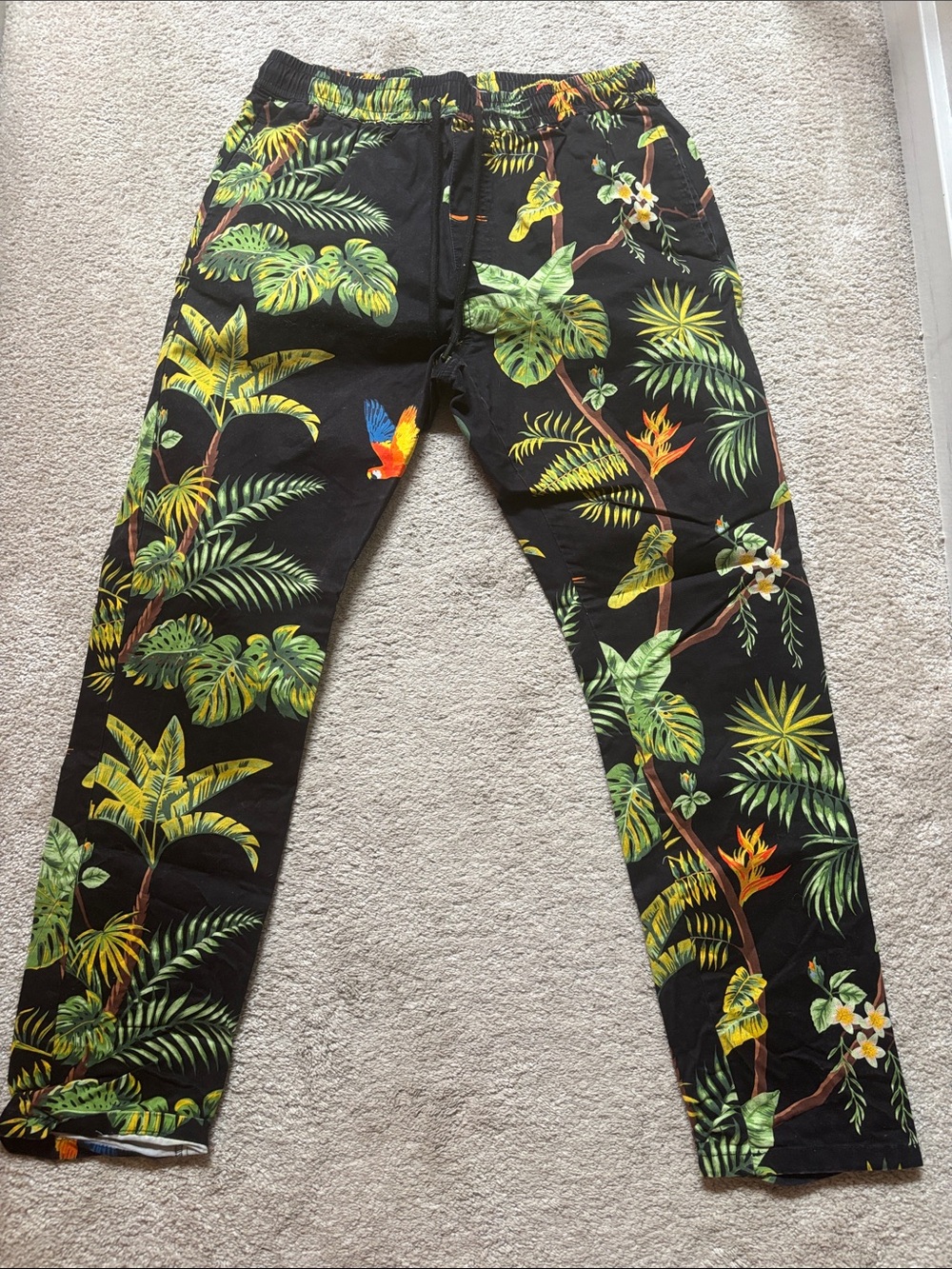 Forever 21 Men Tropical Print Waistband Shorts - Black with Green & Yellow